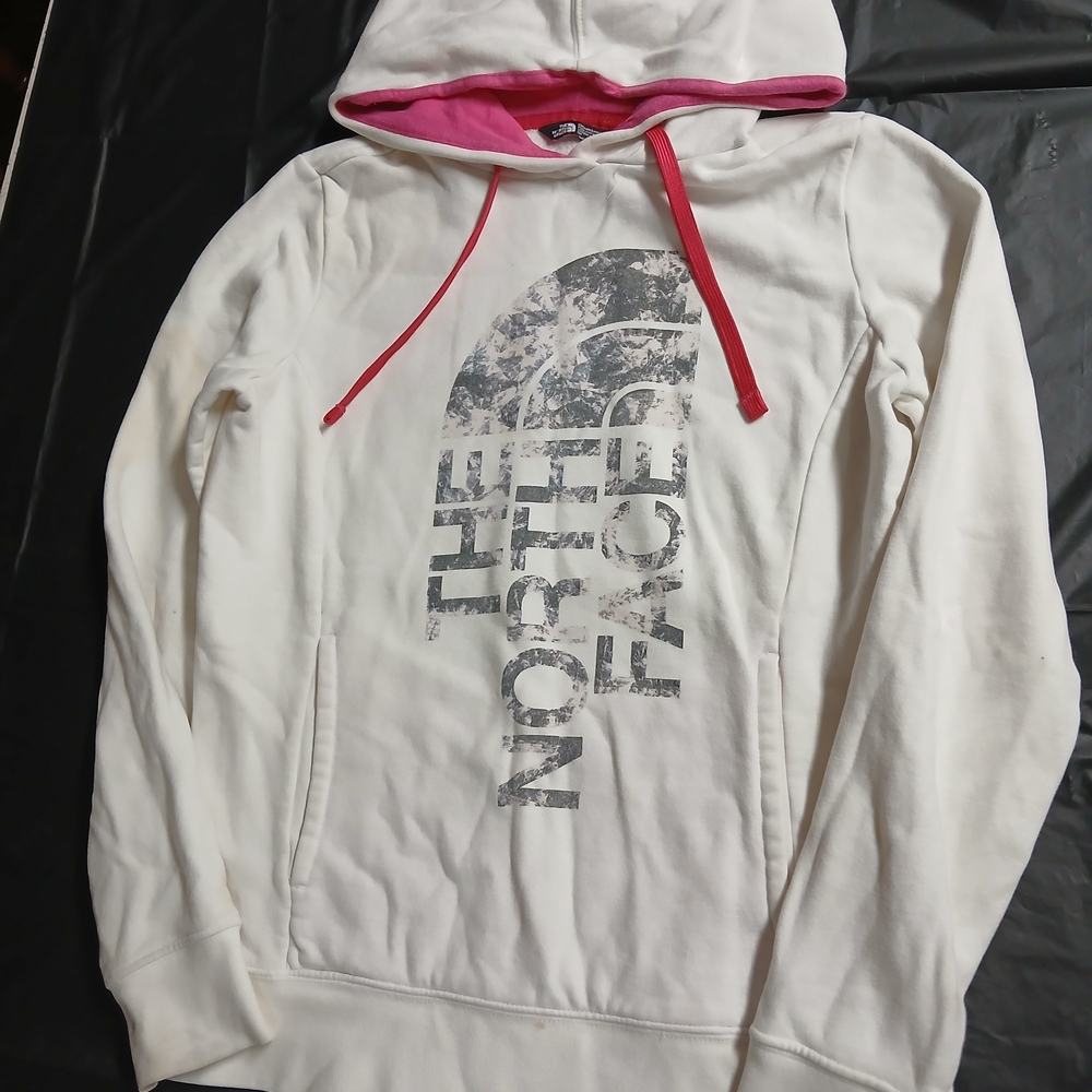 The North Face White Hoodie with Pink Hood Lining and Red Drawstrings